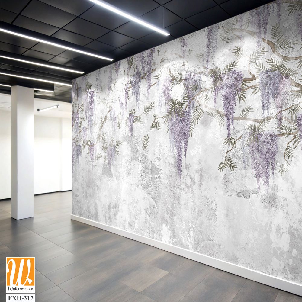 Texture shabby background on which branches with hanging flowers are depicted, photo wallpaper in the interior [WP-FXH-317]