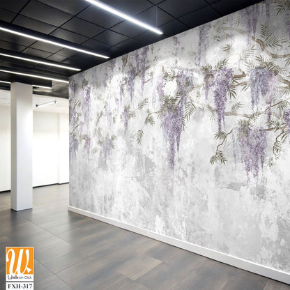Texture shabby background on which branches with hanging flowers are depicted, photo wallpaper in the interior [WP-FXH-317]