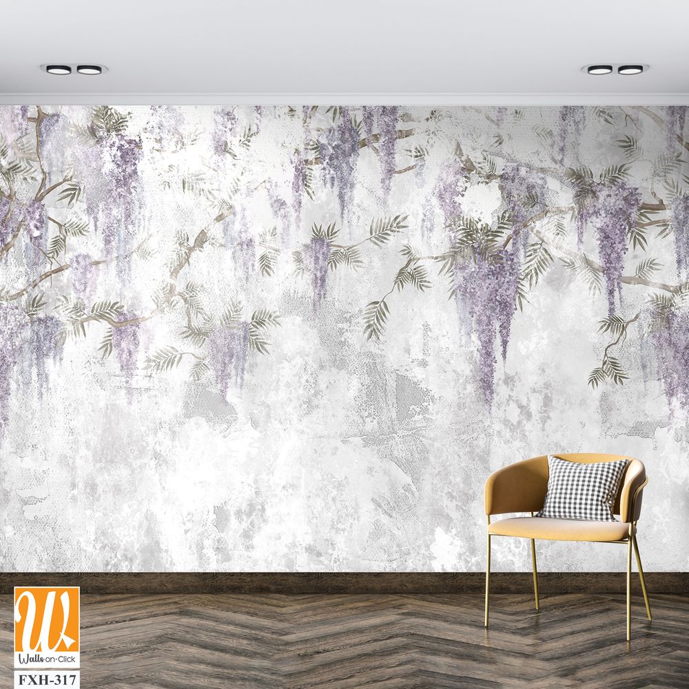 Texture shabby background on which branches with hanging flowers are depicted, photo wallpaper in the interior [WP-FXH-317]