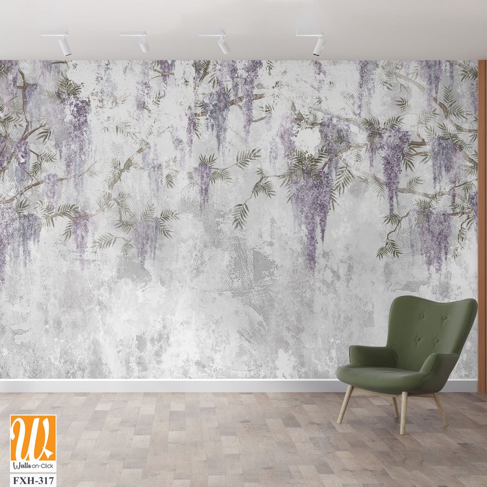 Texture shabby background on which branches with hanging flowers are depicted, photo wallpaper in the interior [WP-FXH-317]