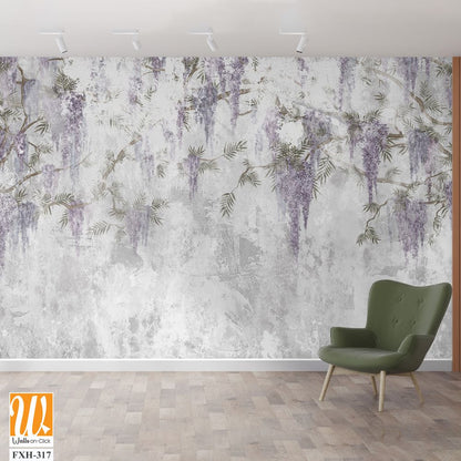 Texture shabby background on which branches with hanging flowers are depicted, photo wallpaper in the interior [WP-FXH-317]