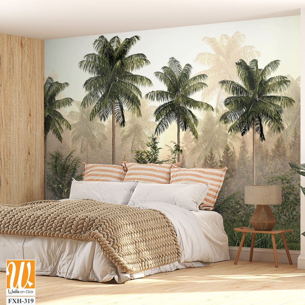 Tropical trees and leaves in foggy forest wallpaper design - 3D illustration [WP-FXH-319]