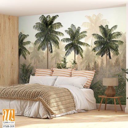 Tropical trees and leaves in foggy forest wallpaper design - 3D illustration [WP-FXH-319]