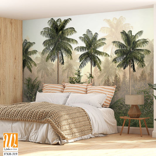 Tropical trees and leaves in foggy forest wallpaper design - 3D illustration [WP-FXH-319]