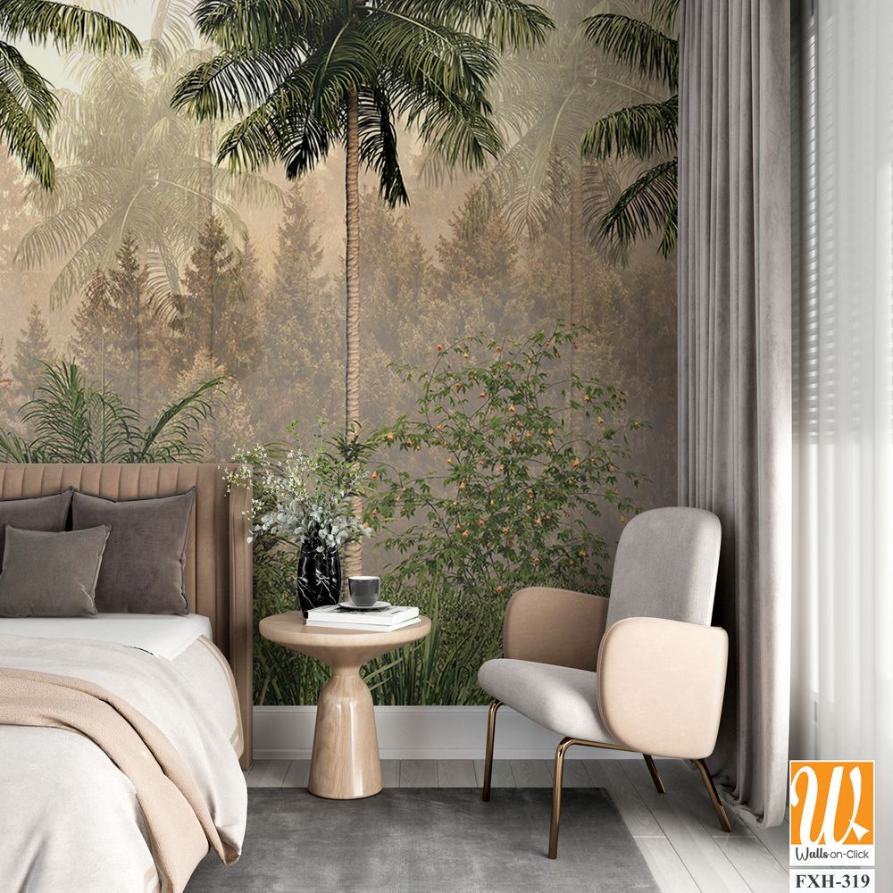 Tropical trees and leaves in foggy forest wallpaper design - 3D illustration [WP-FXH-319]