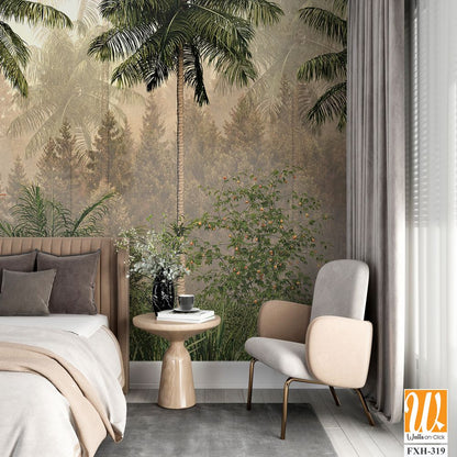 Tropical trees and leaves in foggy forest wallpaper design - 3D illustration [WP-FXH-319]