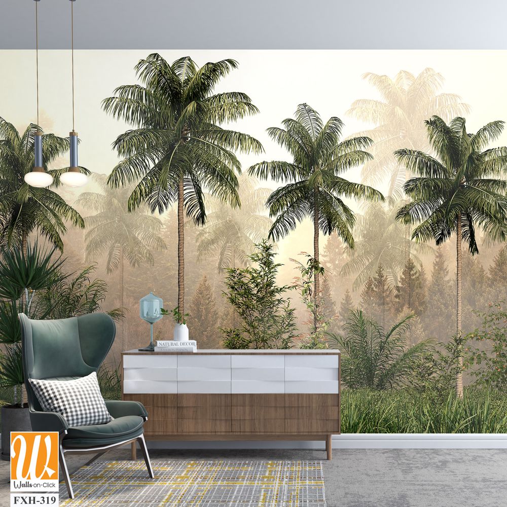 Tropical trees and leaves in foggy forest wallpaper design - 3D illustration [WP-FXH-319]
