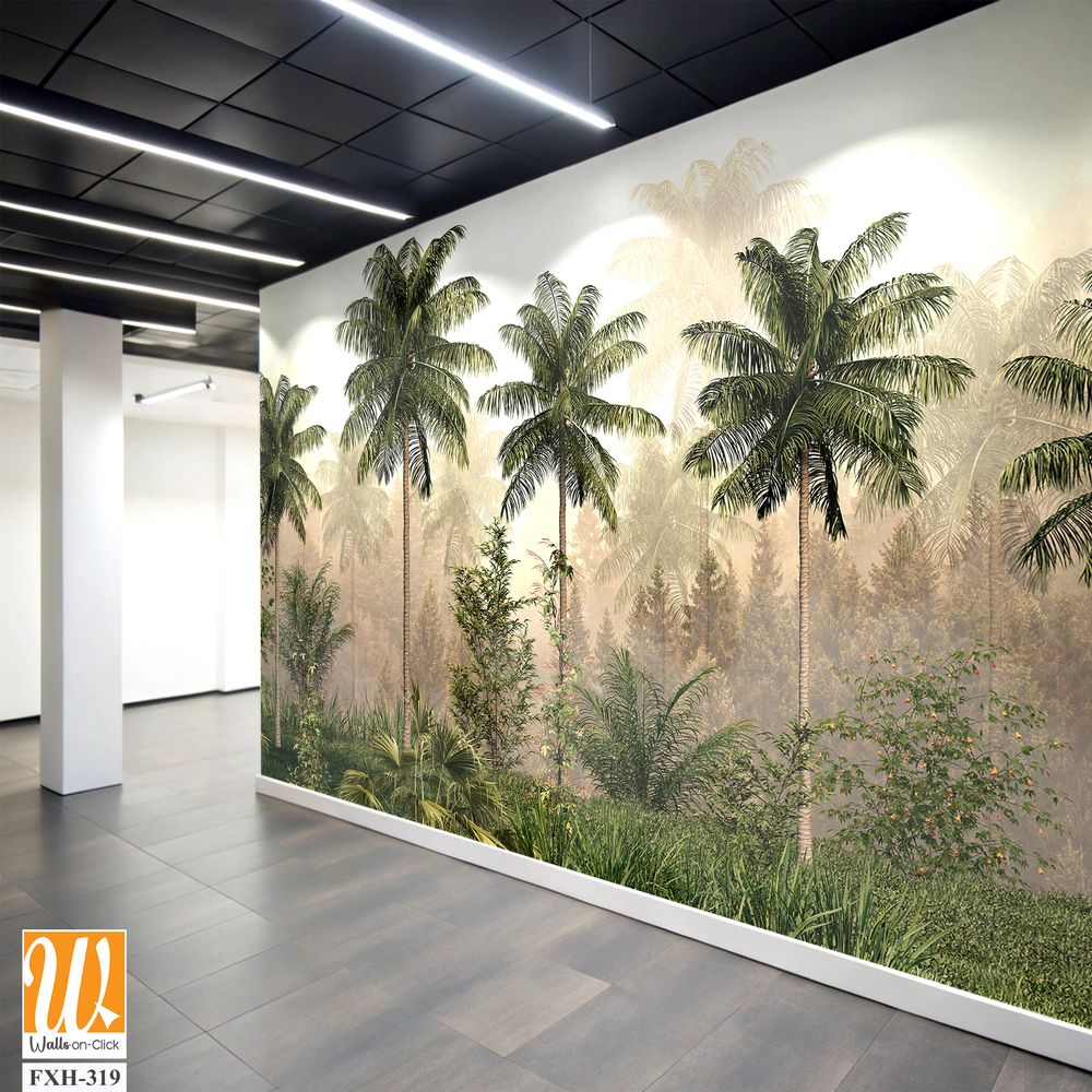 Tropical trees and leaves in foggy forest wallpaper design - 3D illustration [WP-FXH-319]