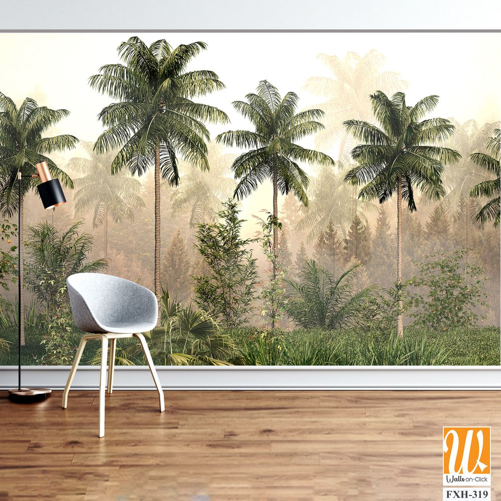 Tropical trees and leaves in foggy forest wallpaper design - 3D illustration [WP-FXH-319]