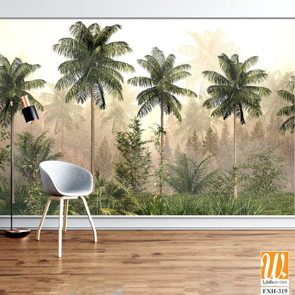 Tropical trees and leaves in foggy forest wallpaper design - 3D illustration [WP-FXH-319]