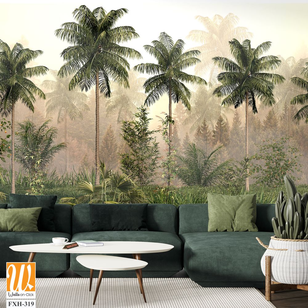 Tropical trees and leaves in foggy forest wallpaper design - 3D illustration [WP-FXH-319]