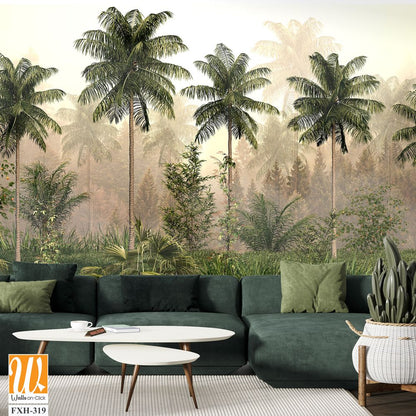 Tropical trees and leaves in foggy forest wallpaper design - 3D illustration [WP-FXH-319]