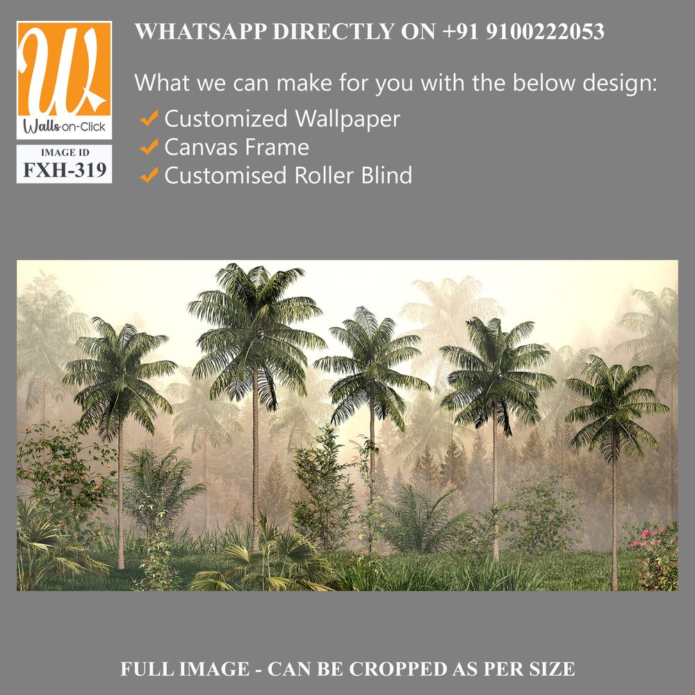 Tropical trees and leaves in foggy forest wallpaper design - 3D illustration [WP-FXH-319]