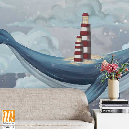 Whale in the starry sky among the clouds with a lighthouse on its back, photo wallpaper for the interior [WP-FXH-322]