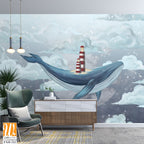 Whale in the starry sky among the clouds with a lighthouse on its back, photo wallpaper for the interior [WP-FXH-322]