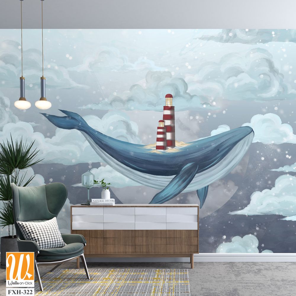 Whale in the starry sky among the clouds with a lighthouse on its back, photo wallpaper for the interior [WP-FXH-322]