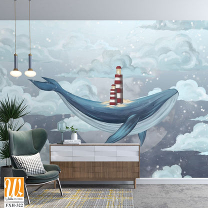 Whale in the starry sky among the clouds with a lighthouse on its back, photo wallpaper for the interior [WP-FXH-322]