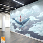 Whale in the starry sky among the clouds with a lighthouse on its back, photo wallpaper for the interior [WP-FXH-322]