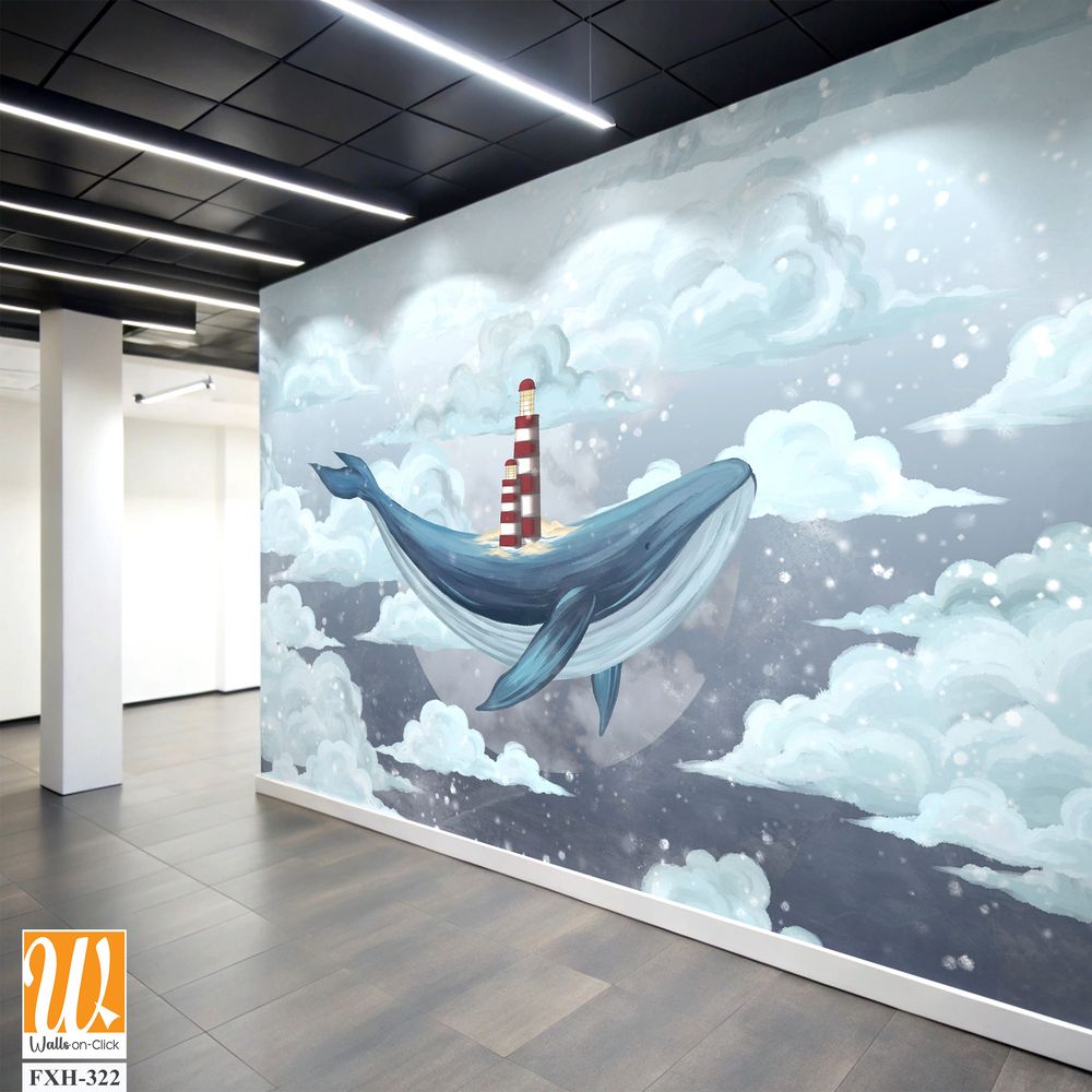 Whale in the starry sky among the clouds with a lighthouse on its back, photo wallpaper for the interior [WP-FXH-322]