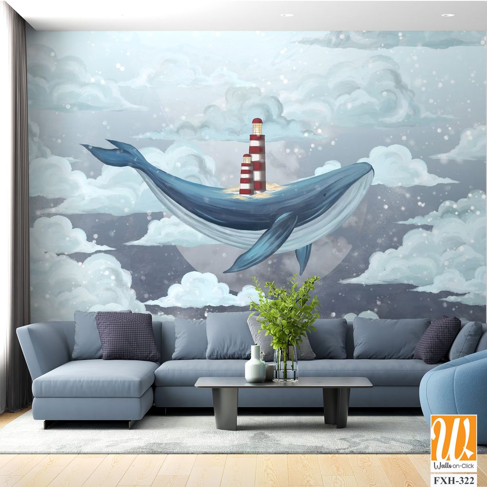 Whale in the starry sky among the clouds with a lighthouse on its back, photo wallpaper for the interior [WP-FXH-322]