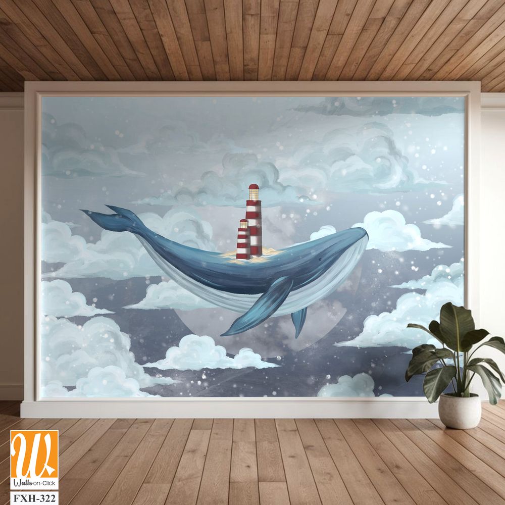 Whale in the starry sky among the clouds with a lighthouse on its back, photo wallpaper for the interior [WP-FXH-322]