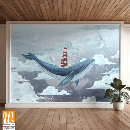 Whale in the starry sky among the clouds with a lighthouse on its back, photo wallpaper for the interior [WP-FXH-322]