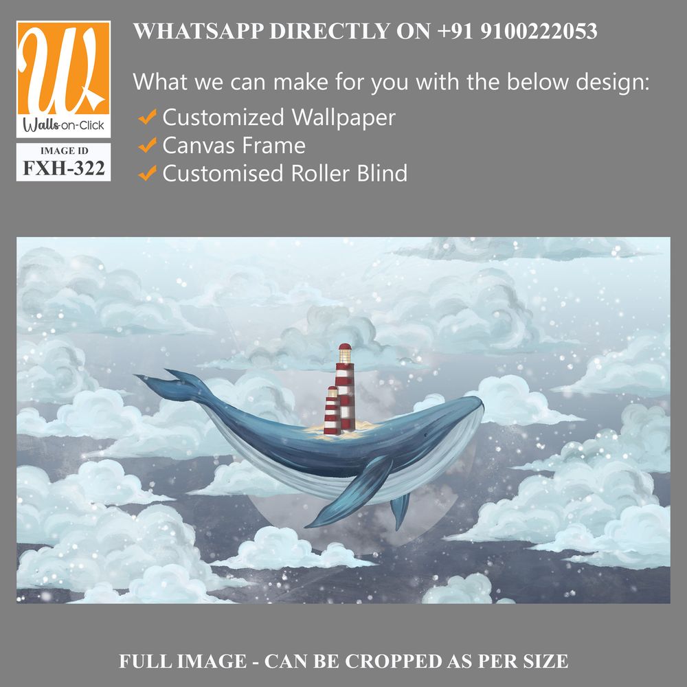 Whale in the starry sky among the clouds with a lighthouse on its back, photo wallpaper for the interior [WP-FXH-322]