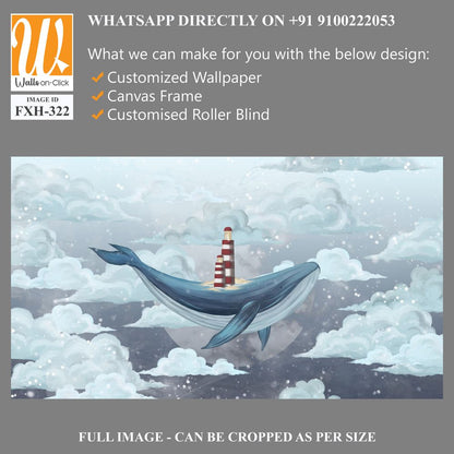 Whale in the starry sky among the clouds with a lighthouse on its back, photo wallpaper for the interior [WP-FXH-322]