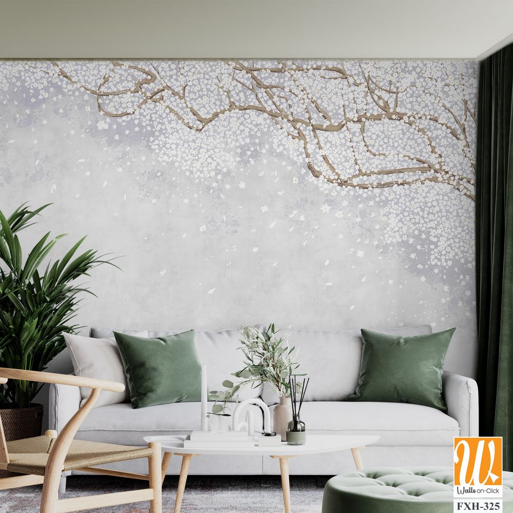 Tree and branches on the old vintage background. Sakura flowers. Floral background in loft, modern style. Design for wall mural, card, postcard, wallpaper, photo wallpaper. [WP-FXH-325]