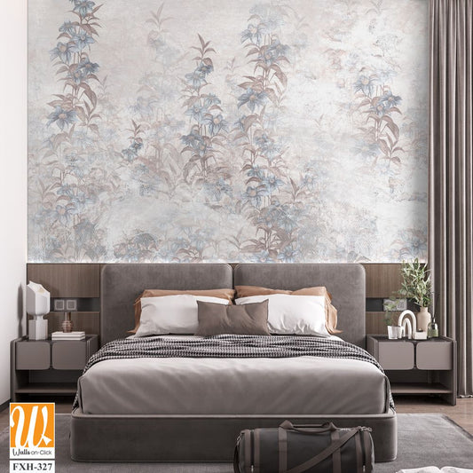 Texture wall cracked background which depicts branches with flowers ele can be seen photo wallpaper in the interior [WP-FXH-327]
