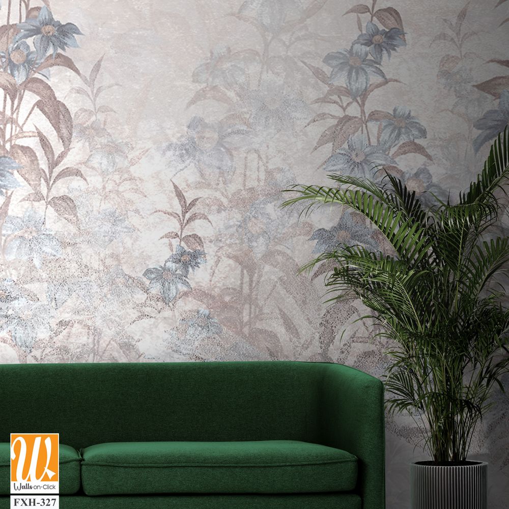 Texture wall cracked background which depicts branches with flowers ele can be seen photo wallpaper in the interior [WP-FXH-327]
