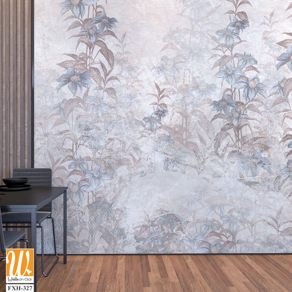 Texture wall cracked background which depicts branches with flowers ele can be seen photo wallpaper in the interior [WP-FXH-327]