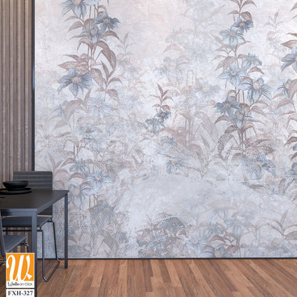 Texture wall cracked background which depicts branches with flowers ele can be seen photo wallpaper in the interior [WP-FXH-327]