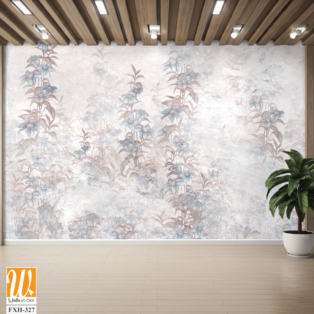 Texture wall cracked background which depicts branches with flowers ele can be seen photo wallpaper in the interior [WP-FXH-327]