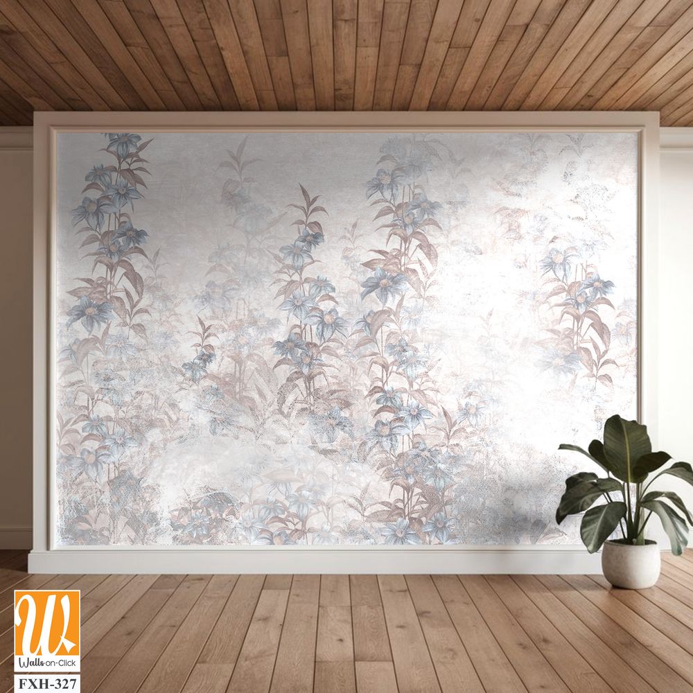 Texture wall cracked background which depicts branches with flowers ele can be seen photo wallpaper in the interior [WP-FXH-327]
