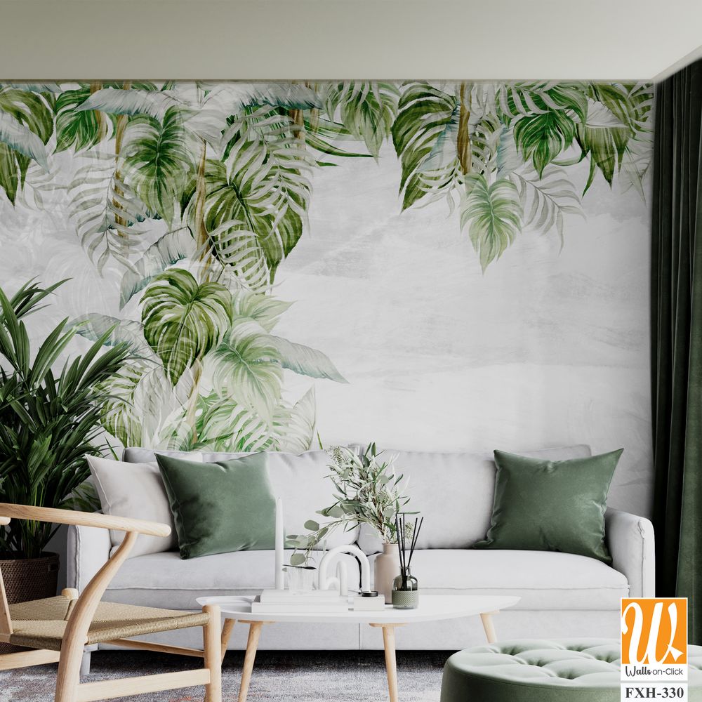 Textured light background with light sketches of the shadows of the tropics, which depicts tropical leaves photo wallpaper in the interior [WP-FXH-330]