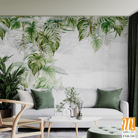 Textured light background with light sketches of the shadows of the tropics, which depicts tropical leaves photo wallpaper in the interior [WP-FXH-330]