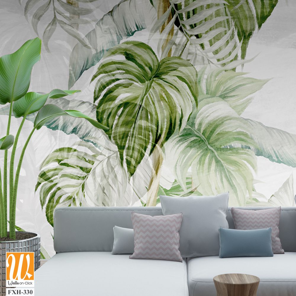 Textured light background with light sketches of the shadows of the tropics, which depicts tropical leaves photo wallpaper in the interior [WP-FXH-330]