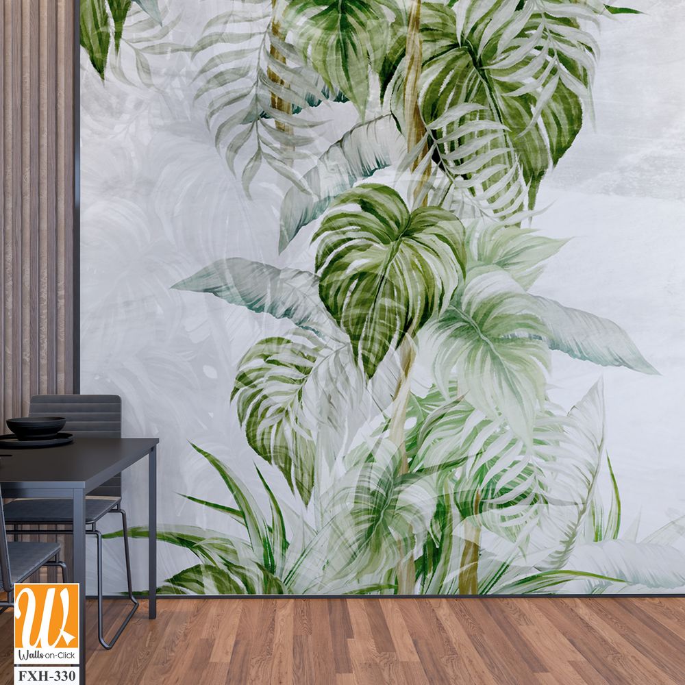 Textured light background with light sketches of the shadows of the tropics, which depicts tropical leaves photo wallpaper in the interior [WP-FXH-330]