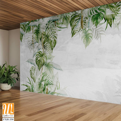 Textured light background with light sketches of the shadows of the tropics, which depicts tropical leaves photo wallpaper in the interior [WP-FXH-330]