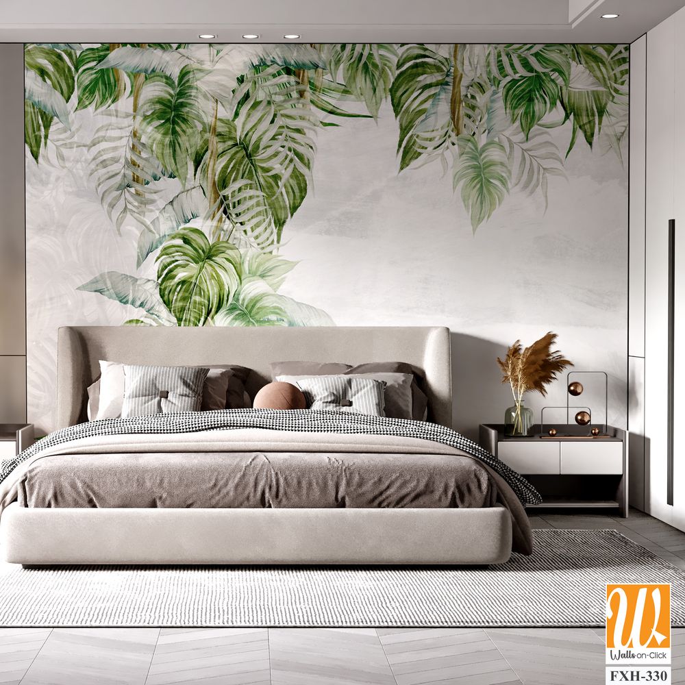 Textured light background with light sketches of the shadows of the tropics, which depicts tropical leaves photo wallpaper in the interior [WP-FXH-330]