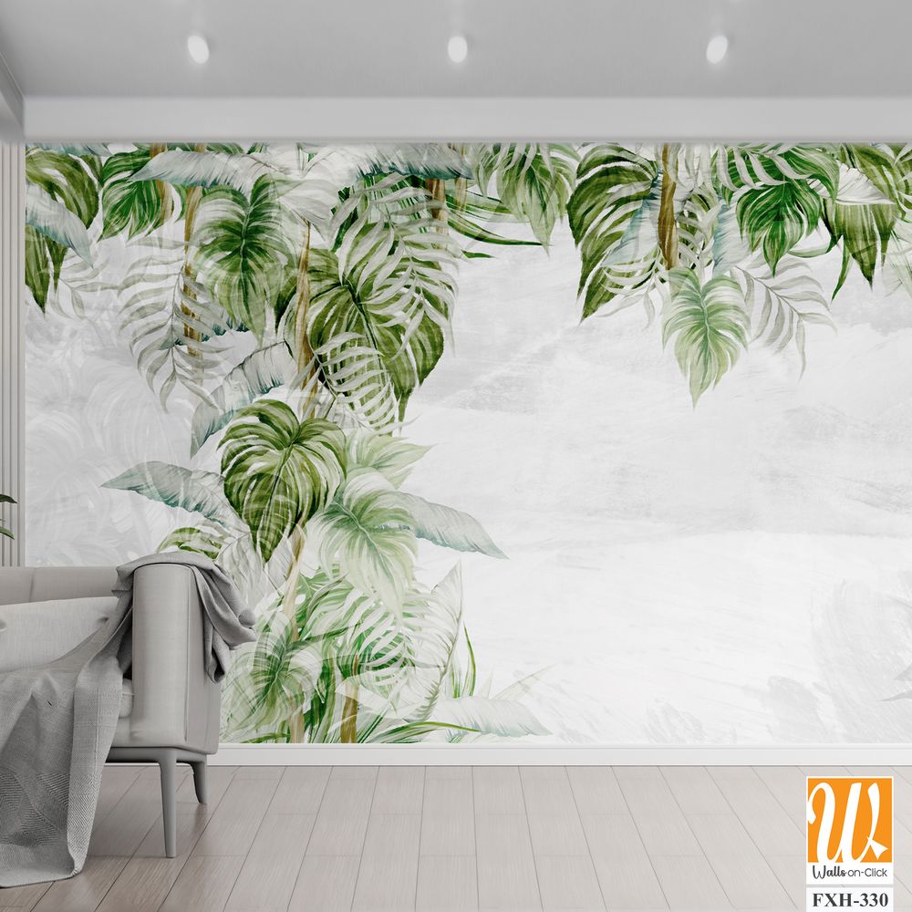 Textured light background with light sketches of the shadows of the tropics, which depicts tropical leaves photo wallpaper in the interior [WP-FXH-330]