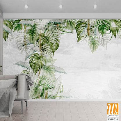 Textured light background with light sketches of the shadows of the tropics, which depicts tropical leaves photo wallpaper in the interior [WP-FXH-330]