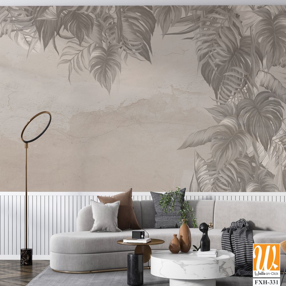 Vintage art drawing on a cracked texture background which depicts the tropics photo wallpaper in the interior [WP-FXH-331]