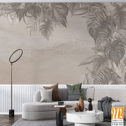 Vintage art drawing on a cracked texture background which depicts the tropics photo wallpaper in the interior [WP-FXH-331]