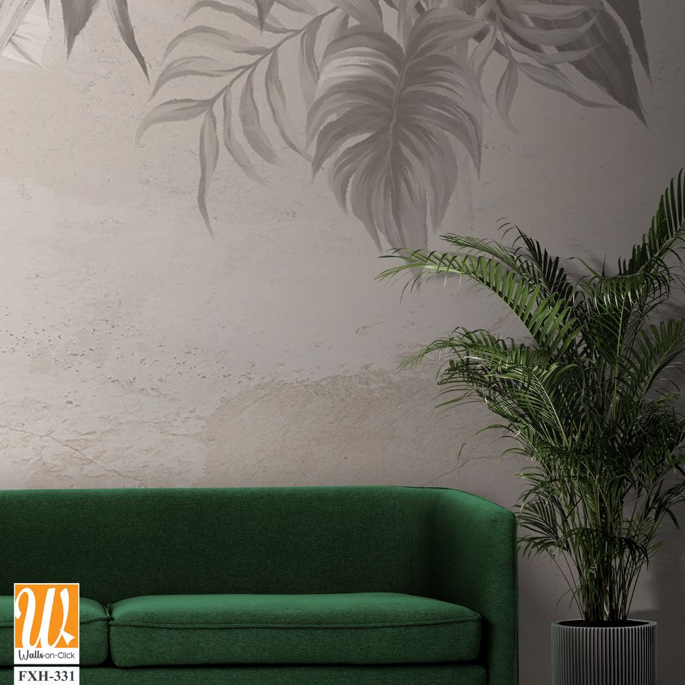 Vintage art drawing on a cracked texture background which depicts the tropics photo wallpaper in the interior [WP-FXH-331]