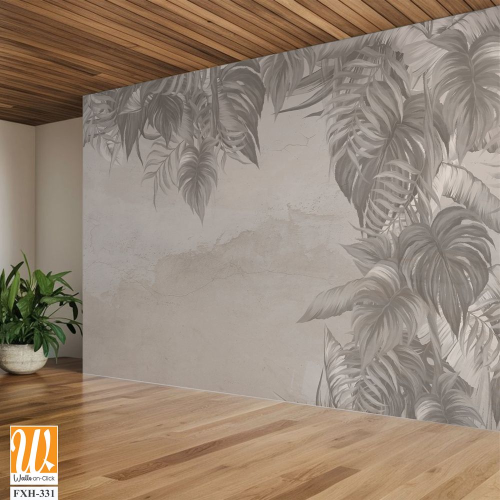 Vintage art drawing on a cracked texture background which depicts the tropics photo wallpaper in the interior [WP-FXH-331]