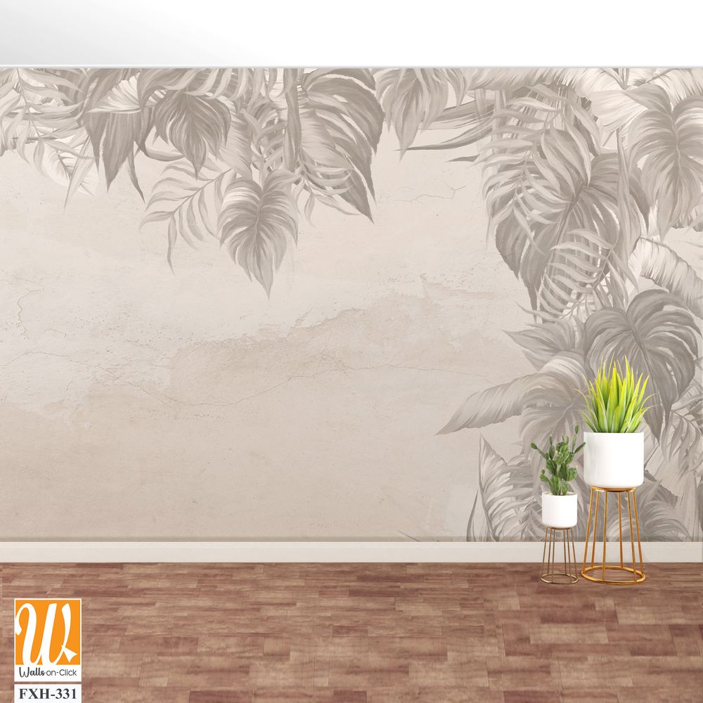 Vintage art drawing on a cracked texture background which depicts the tropics photo wallpaper in the interior [WP-FXH-331]