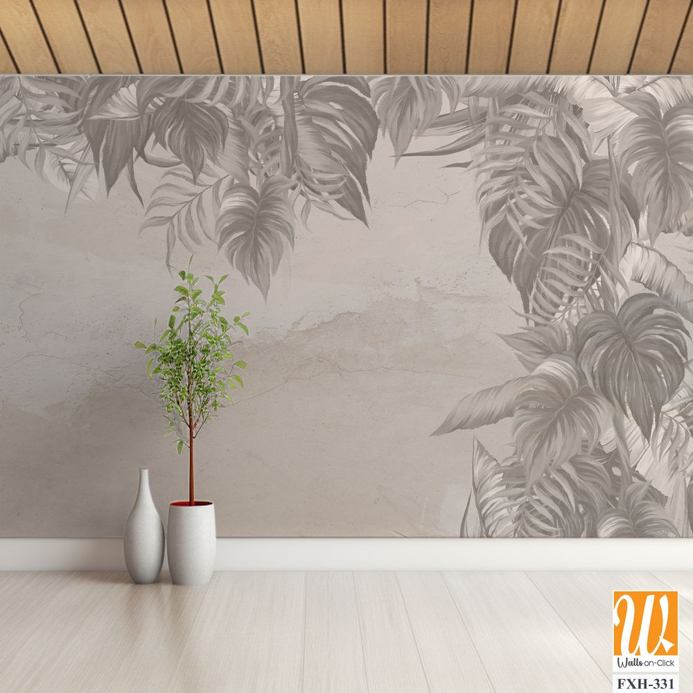 Vintage art drawing on a cracked texture background which depicts the tropics photo wallpaper in the interior [WP-FXH-331]