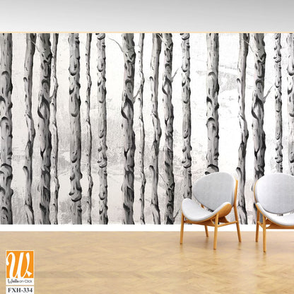 Art painted birch trees on a textured background drawing in light and dark colors photo wallpaper for the interior [WP-FXH-334]